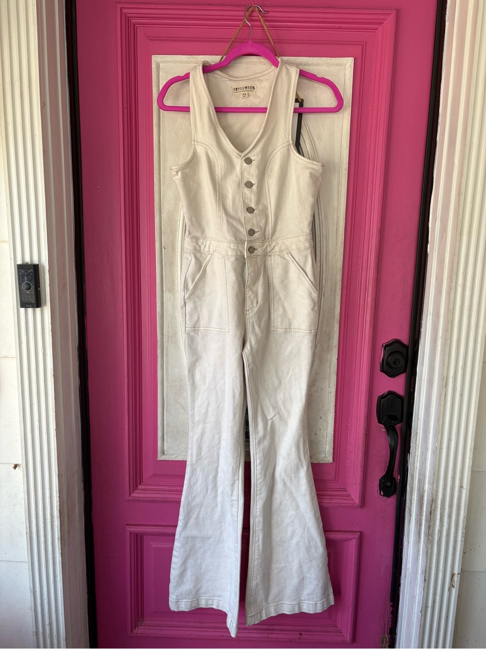 Idyllwind Cream Button-Front Flared Denim Jumpsuit